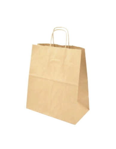 Bolsa de papel kraft Missy de 25,5 cm de ancho x 13 cm de fuelle x 33 cm de alto, ideal para personalización con logo. Perfecta para tiendas, restaurantes y negocios ecológicos.