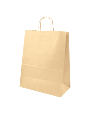 Bolsa de papel kraft Rappi, tamaño 28,5 cm de ancho x 14 cm de fuelle x 35 cm de alto. Perfecta para entregas a domicilio, restaurantes y empaques ecológicos personalizados.