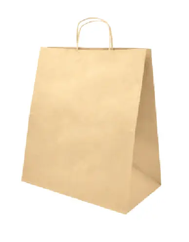 Bolsa de papel kraft Take Out, tamaño 30 cm de ancho x 23 cm de fuelle x 40 cm de alto. Perfecta para delivery, restaurantes y negocios que buscan empaques ecológicos personalizados.