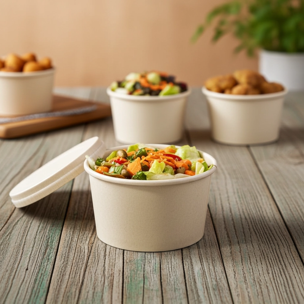 Contenedor biodegradable con tapa para alimentos, fabricado, personalizado y distribuido por Activa Industria SAS para restaurantes y food service.