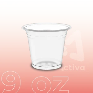 Vaso Gold PP Bio 9 oz transparente para bebidas frías, producto biodegradable de Activa Industria para personalización de marcas.