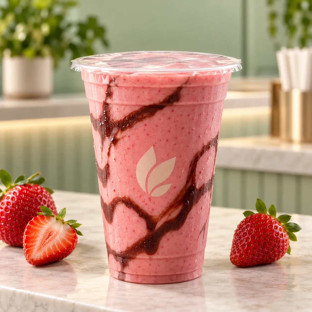 Vaso Gold PP personalizado con batido de fresa y película de sellado transparente.