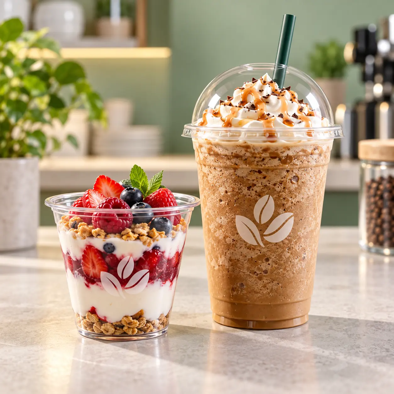 Vasos PET personalizados con postre de frutas y café frappé con tapa domo.